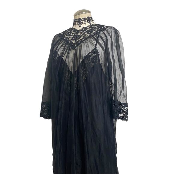 Gorgeous Vintage 1980s Chiffon Night Gown Slip & Robe Set Sheer Lace Gothic - Picture 4 of 16